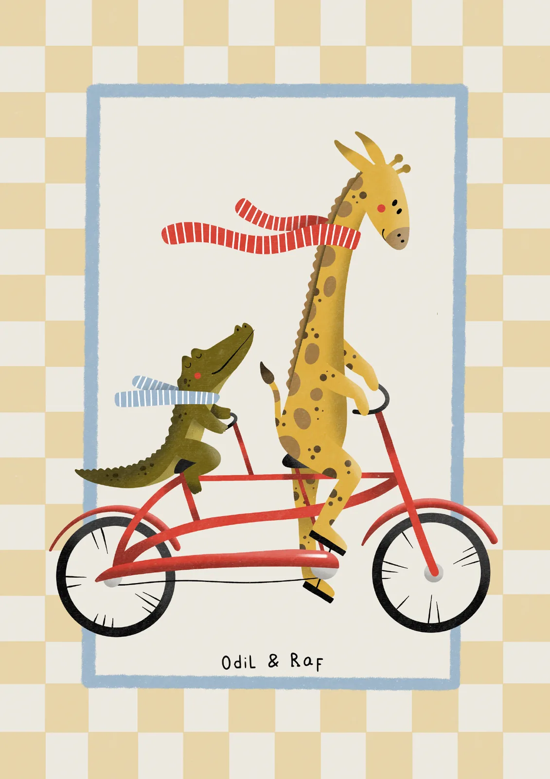 Poster met een giraf en een krokodil op een rode tandem