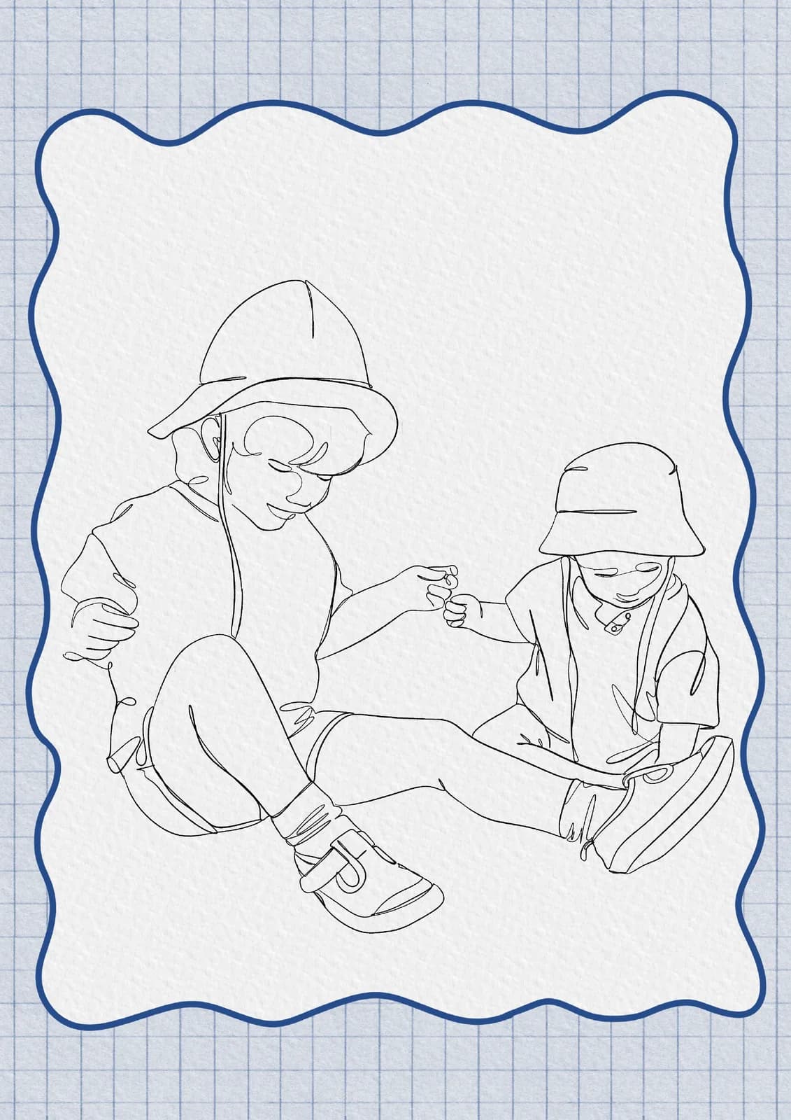 Lijntekening van twee kinderen met hoedjes die samen op de grond zitten, in een blauwe golvende lijst