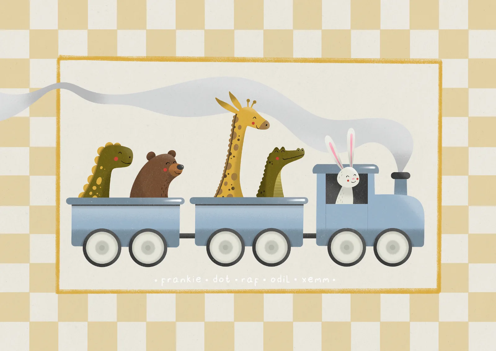 Liggende poster met een dinosaurus, beer, giraf, krokodil en konijn in een blauwe trein, met de namen frankie, dot, raf, odil en xemm