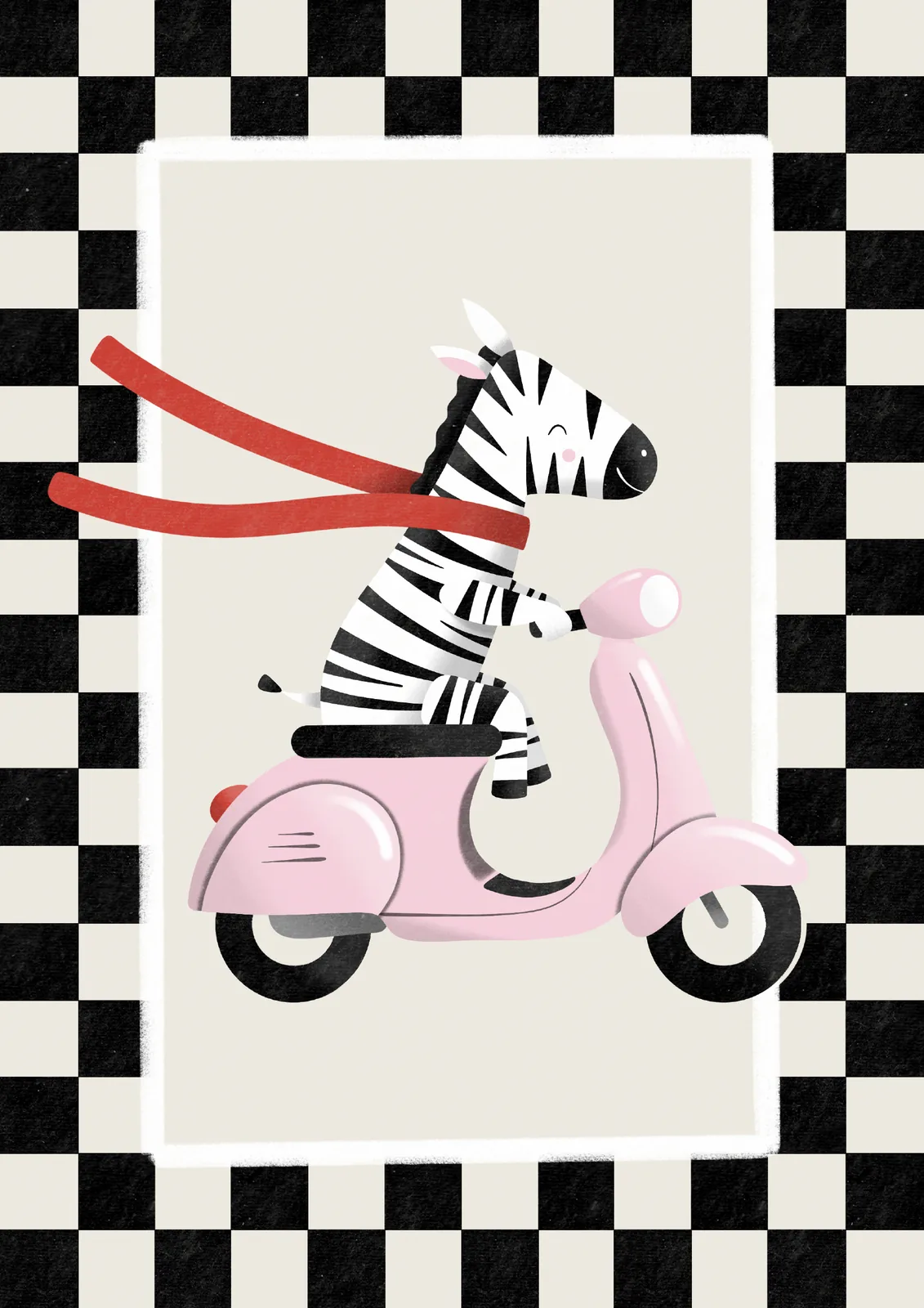 Poster met een zebra met rode sjaal op een roze scooter, met een zwart-witte geblokte rand