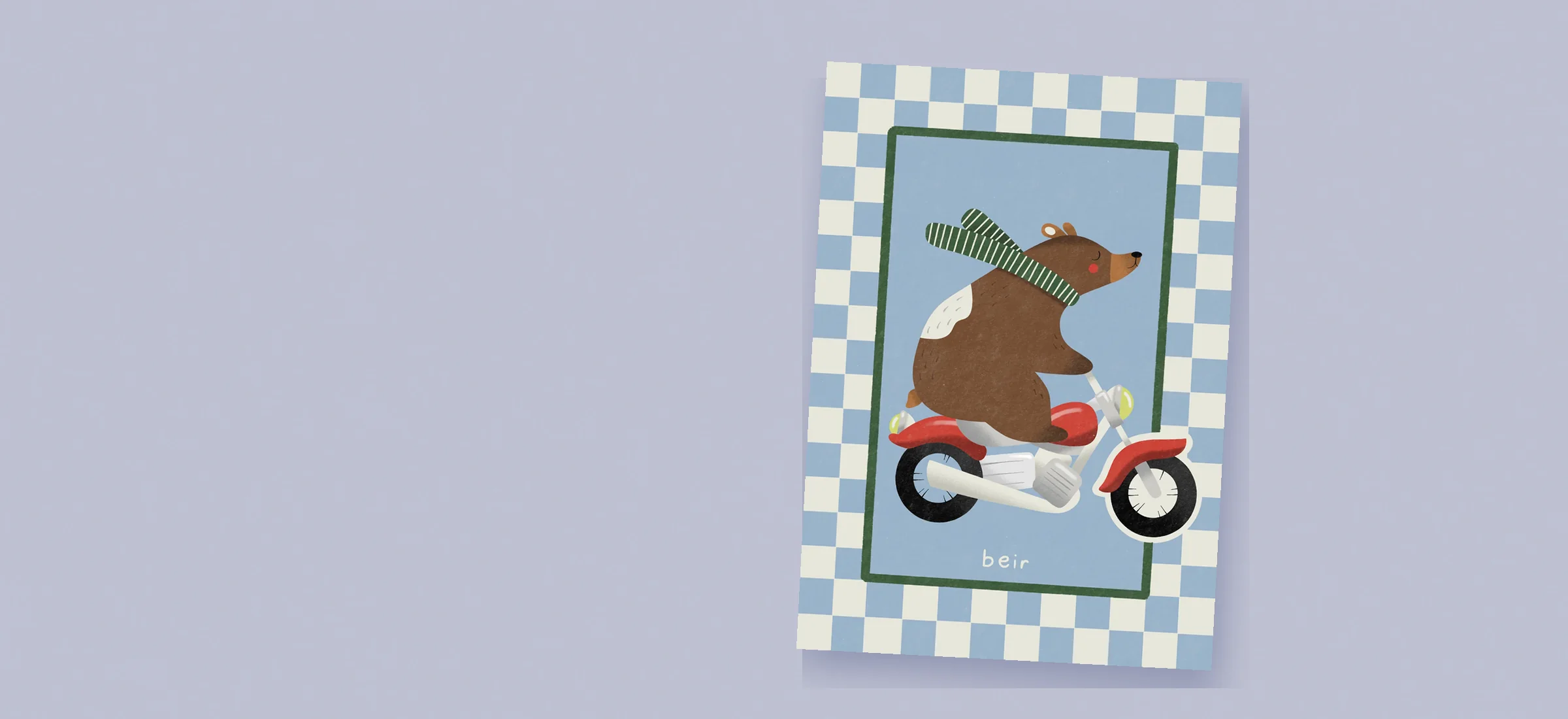 Geboortekaartje Beir: een beer met gestreepte sjaal op een rode motor, blauw geruite rand