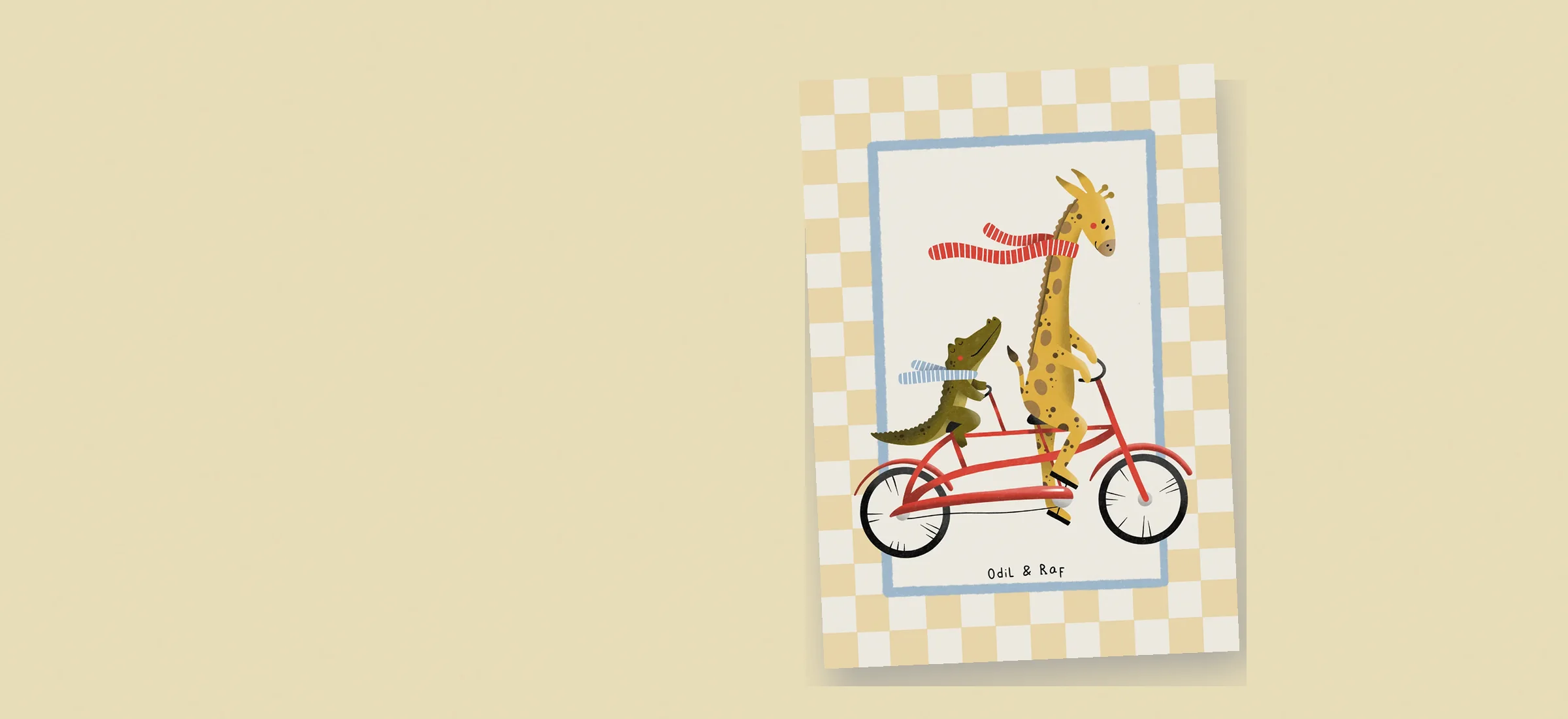 Geboortekaartje Odil en Raf: een giraf en een krokodil op een rode tandem